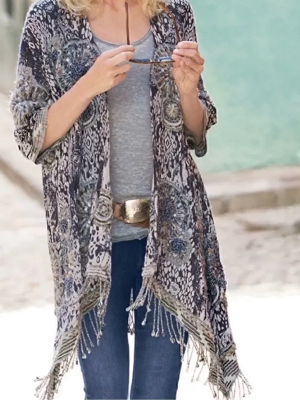 Soft Surroundings Boho Navy and Cream Textured Fringe Kimono S/M